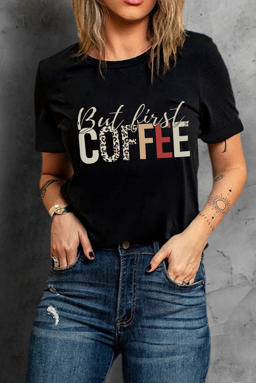 Black But First Coffee Leopard Print Crew Neck T Shirt Graphic Tees JT's Designer Fashion