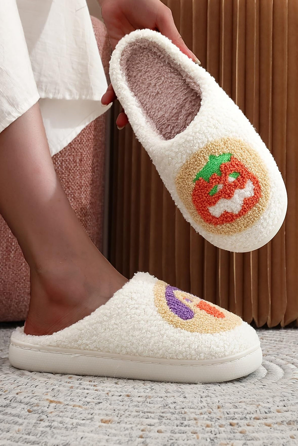 White Halloween Pumpkin Plush Winter Home Slippers Slippers JT's Designer Fashion