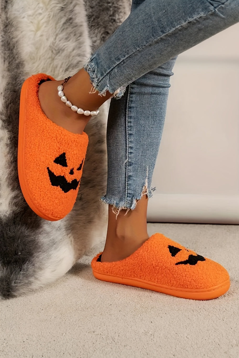 Orange Halloween Pumpkin Face Graphic Plush Slippers Slippers JT's Designer Fashion