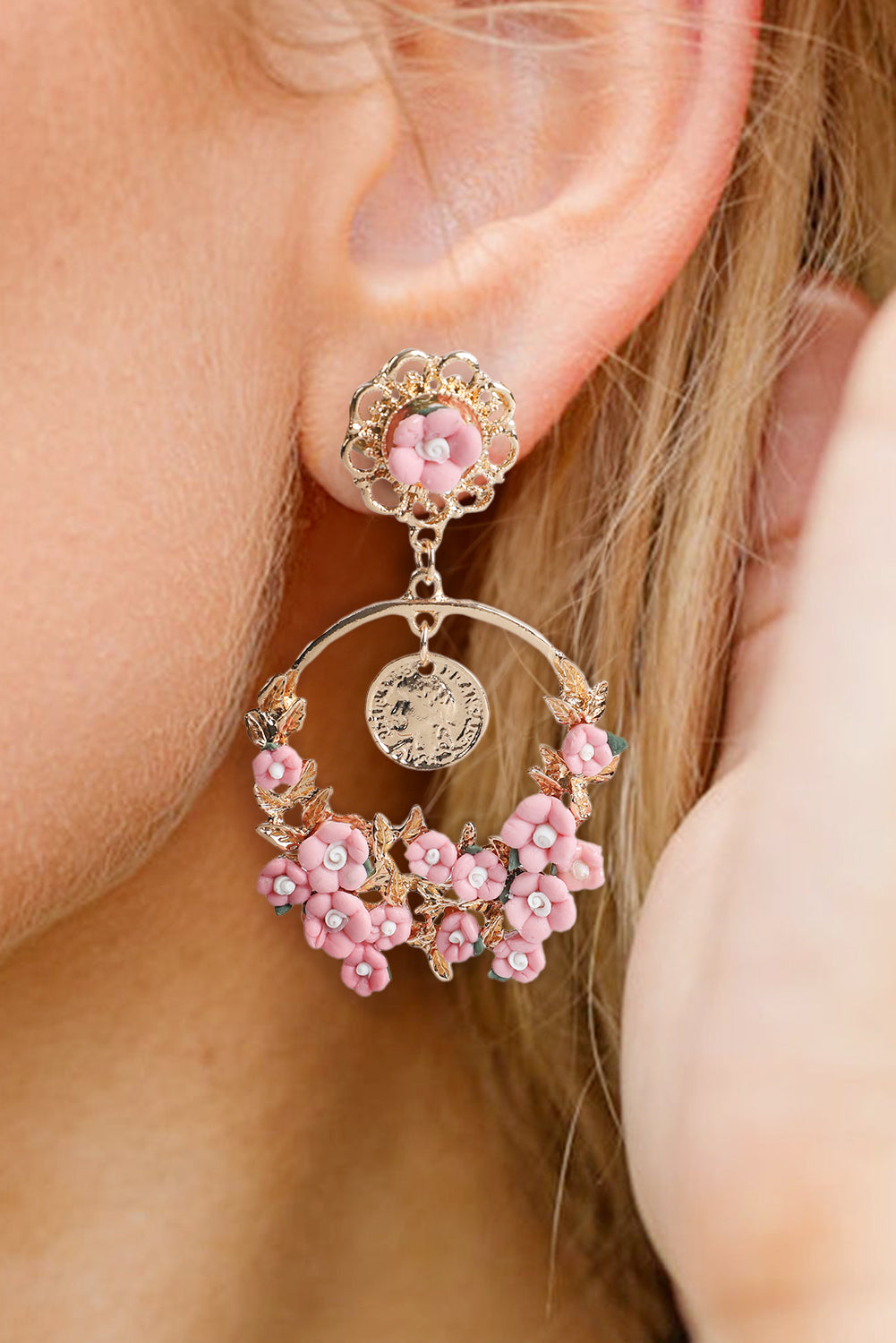 Pink Flower Decor Cut Out Stud Dangle Earrings Jewelry JT's Designer Fashion