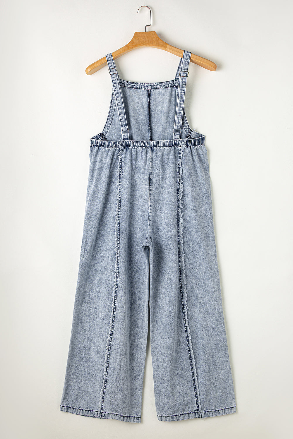 Beau Blue Light Wash Frayed Exposed Seam Wide Leg Denim Overall Jumpsuits & Rompers JT's Designer Fashion