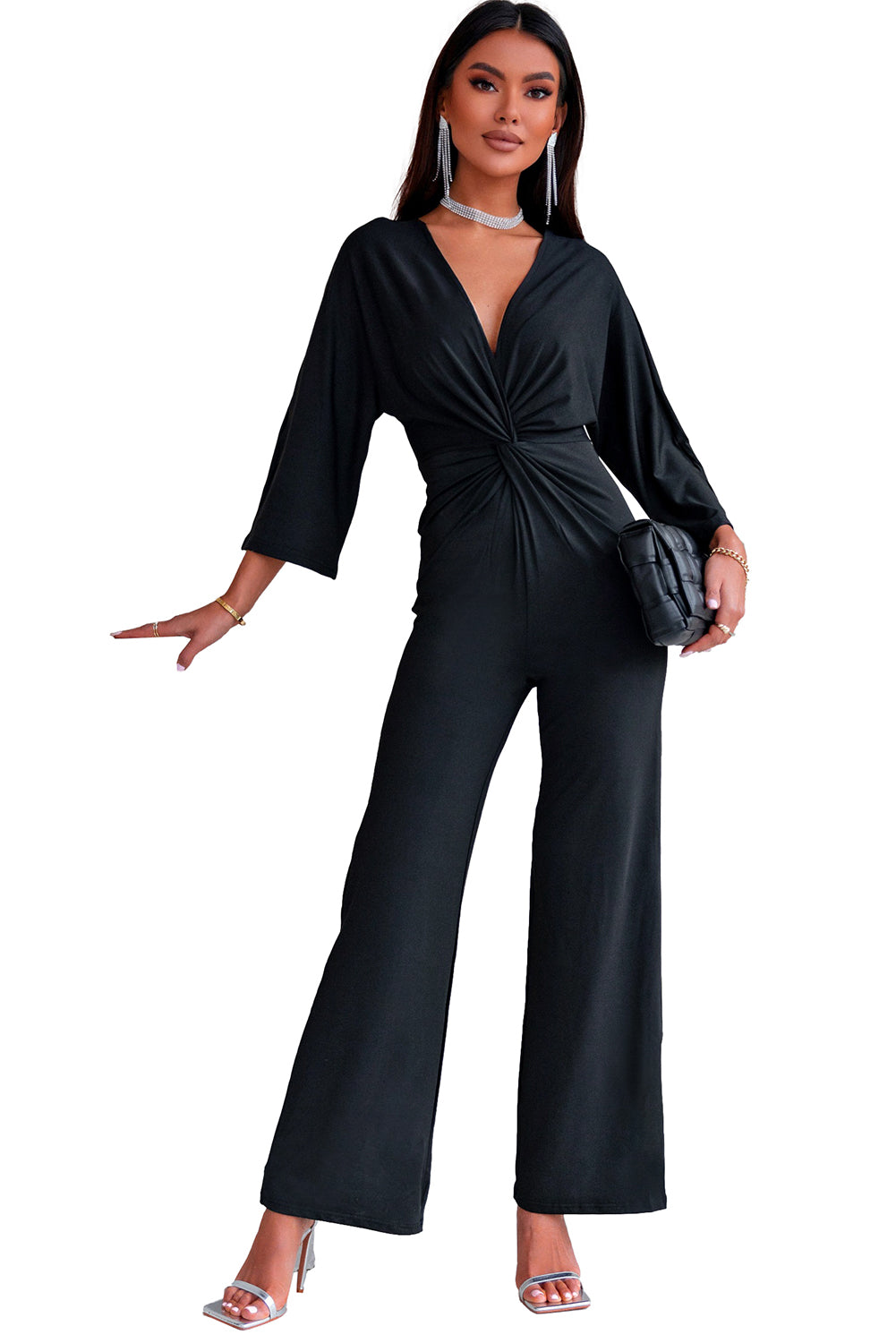 Black Deep V Neck Twisted Wide Leg Jumpsuit Jumpsuits & Rompers JT's Designer Fashion