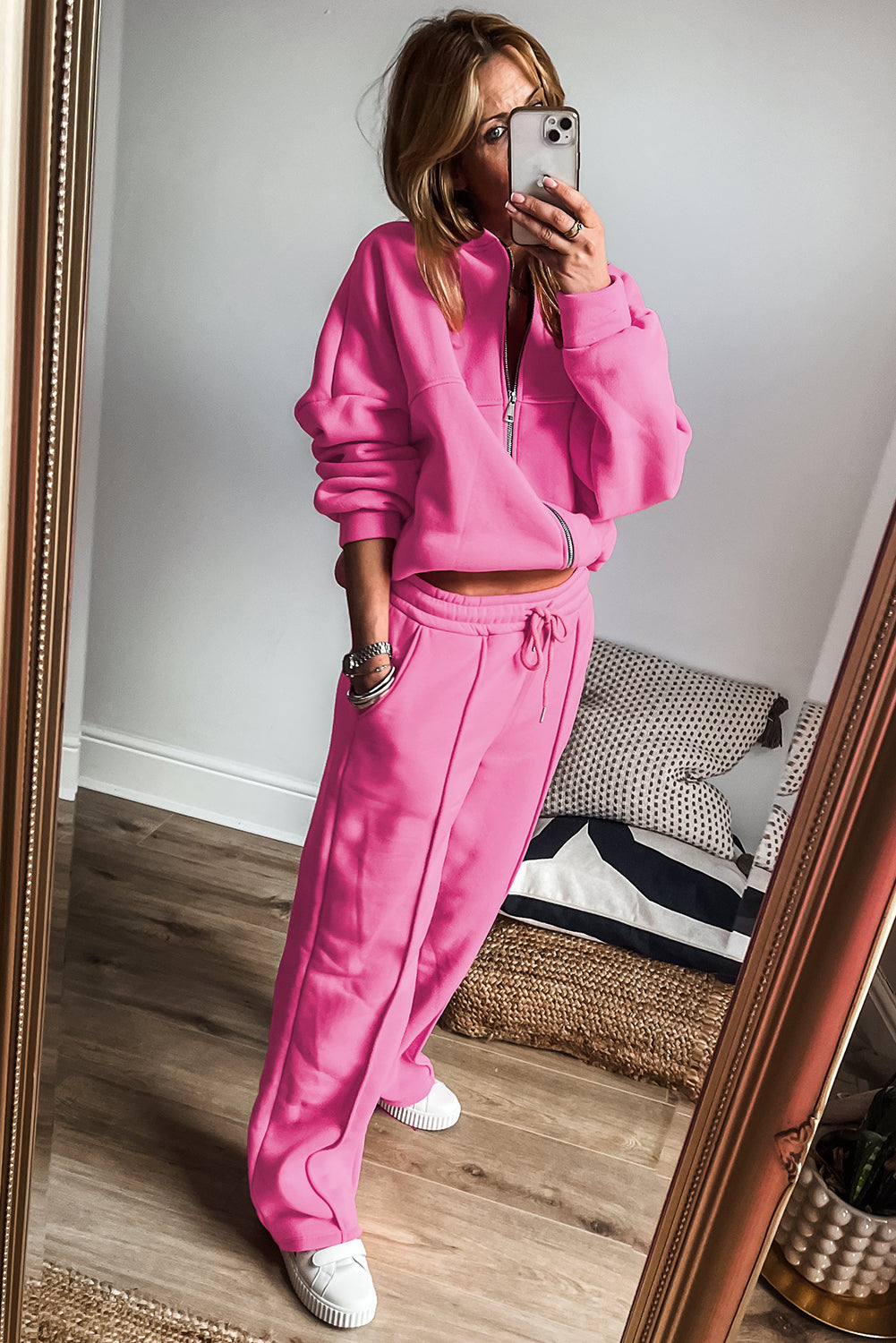 Bright Pink Solid Seamed Zipper Jacket and Drawstring Waist Pants Set Pant Sets JT's Designer Fashion