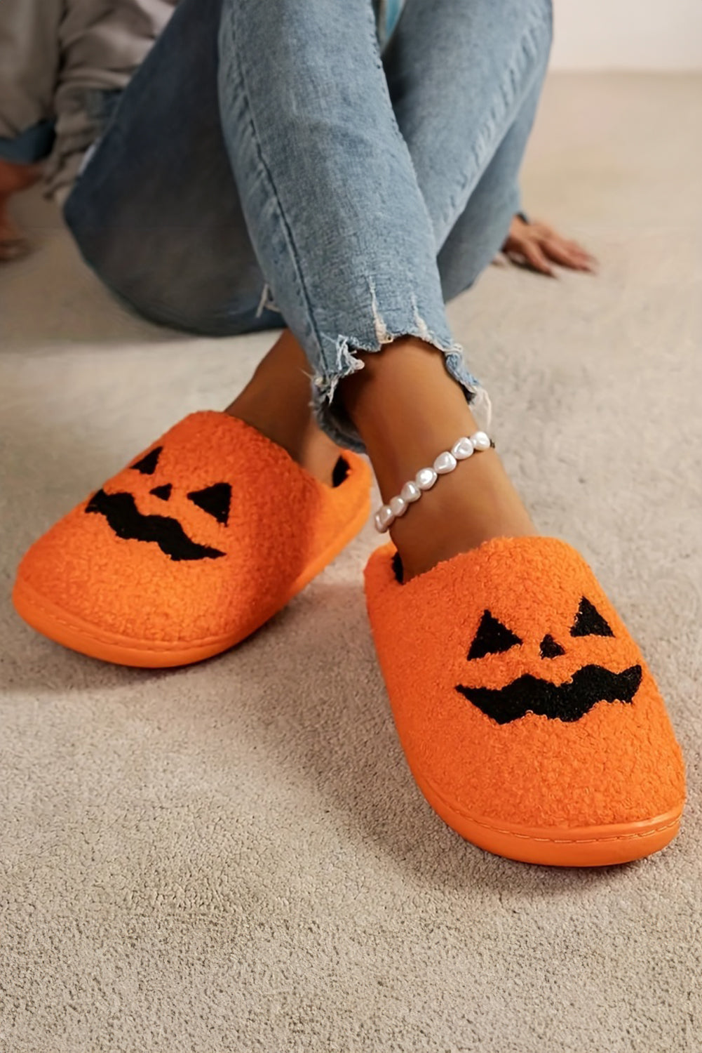 Orange Halloween Pumpkin Face Graphic Plush Slippers Slippers JT's Designer Fashion