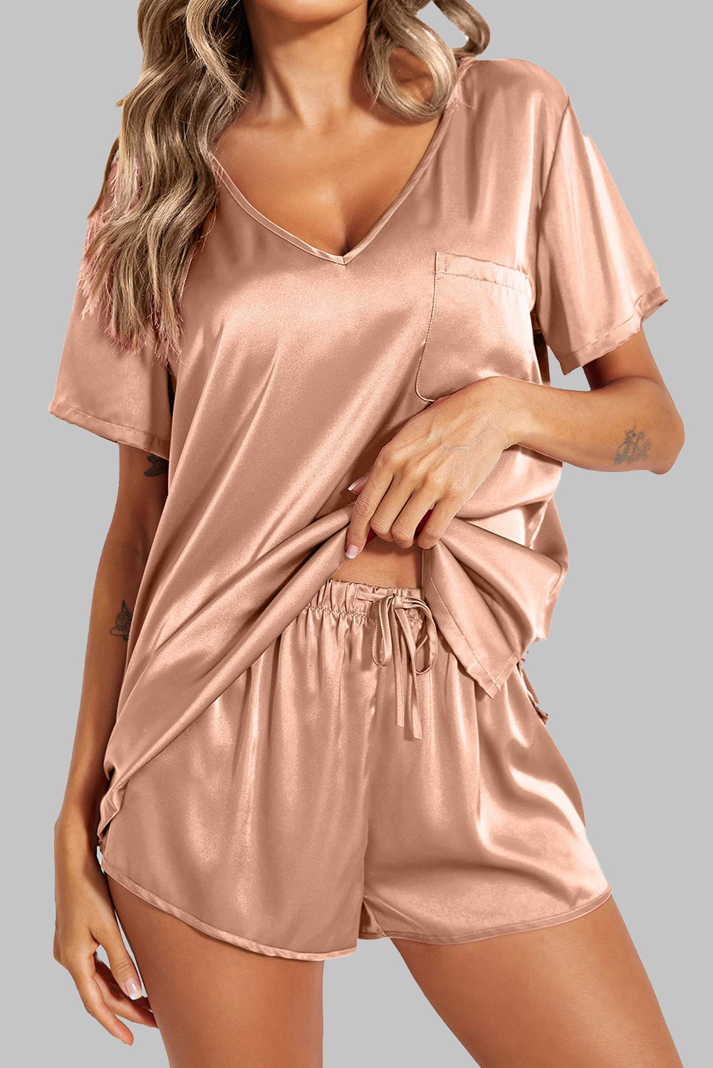 Apricot Pink Satin V Neck Tee and Drawstring Shorts Set Bottoms JT's Designer Fashion