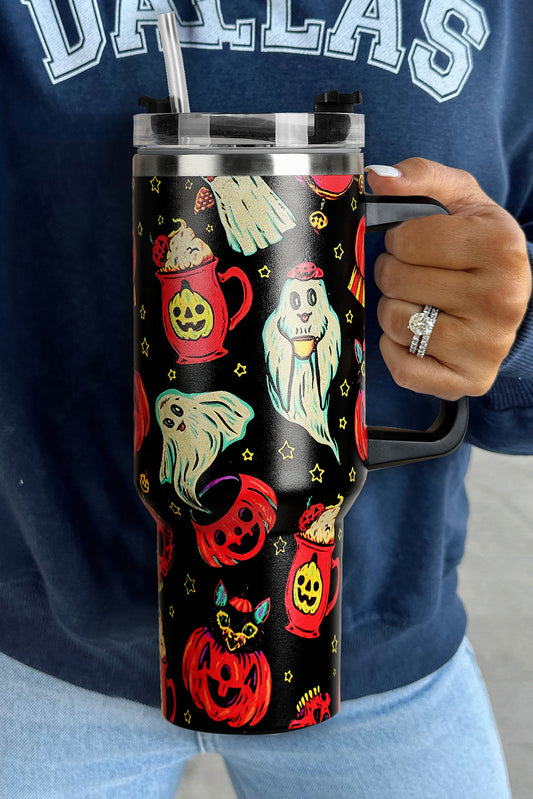 Black Halloween Ghost Pumpkin Print Large Tumbler 40oz Tumblers JT's Designer Fashion