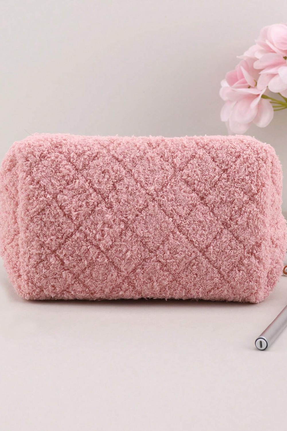 Pink Quilted Checkered Plush Zipped Makeup Bag Makeup Bags JT's Designer Fashion