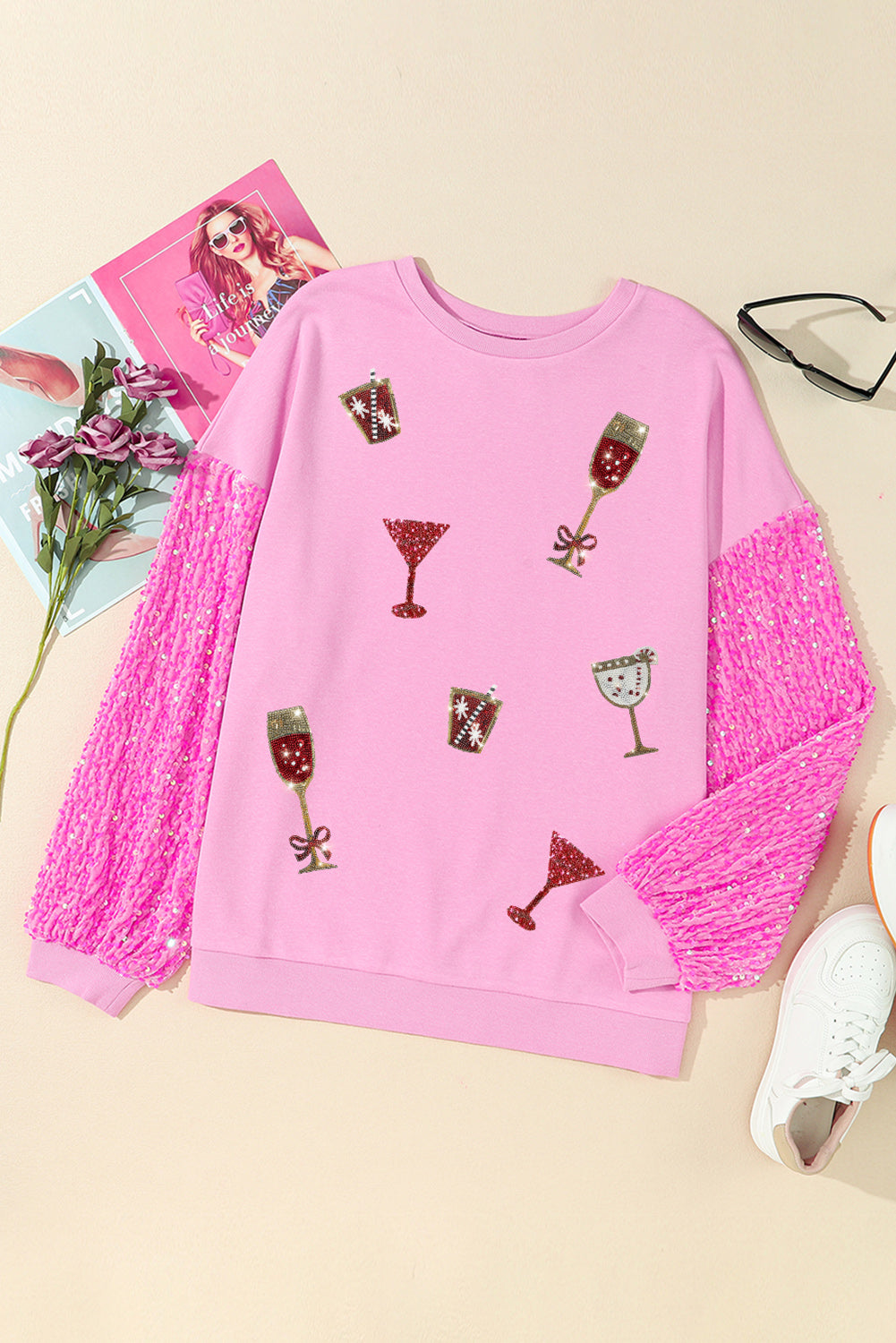 Pink Glitter Drinks Graphic Drops Shoulder Sequin Sleeve Top Graphic Sweatshirts JT's Designer Fashion