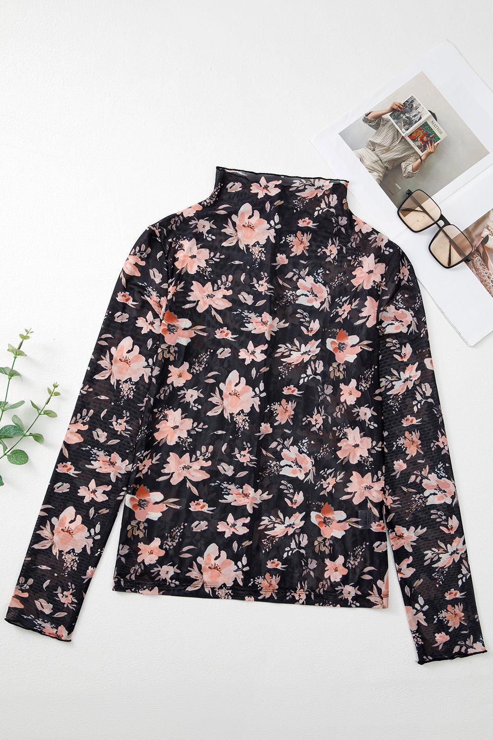 Black Floral Mesh Mock Neck Long Sleeve Slim Fit Top Long Sleeve Tops JT's Designer Fashion