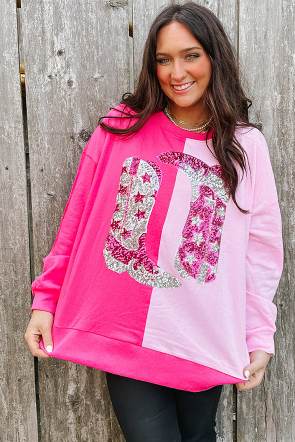 Pink Color Block Sequined Cowgirl Boots Graphic Sweatshirt Sweatshirts & Hoodies JT's Designer Fashion