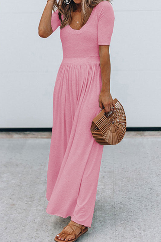 Pink Short Sleeve Bodice Flowy Wide Leg Jumpsuit Pink 100%Polyester Jumpsuits & Rompers JT's Designer Fashion