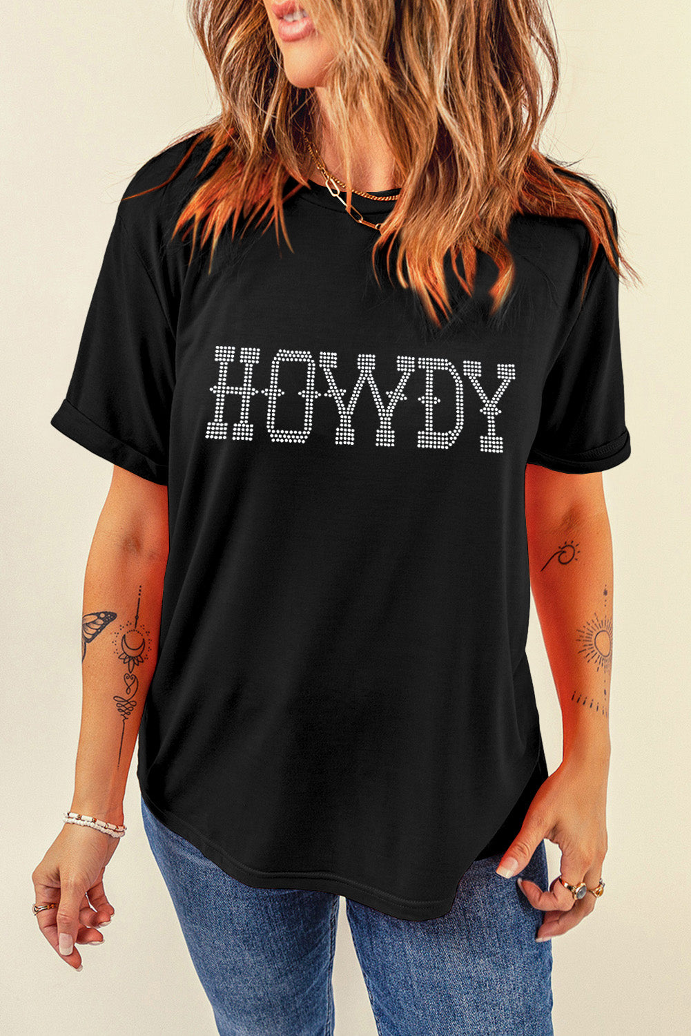 Black HOWDY Rhinestone Slim Fit Crew Neck T Shirt Graphic Tees JT's Designer Fashion