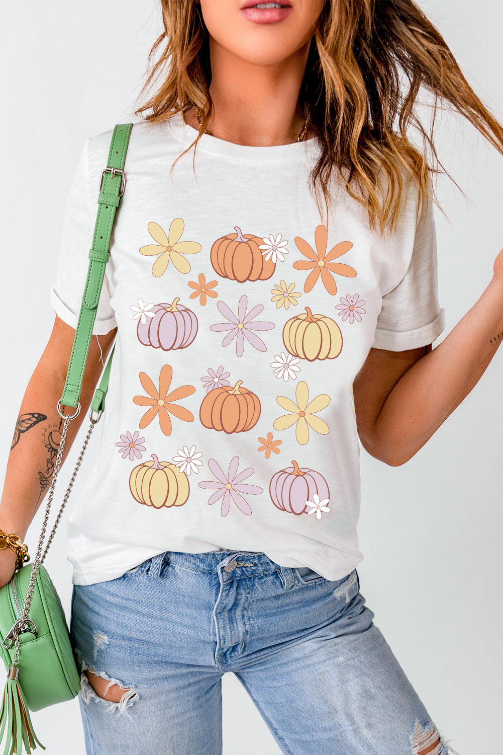 White Floral Pumpkin Graphic Crewneck Halloween T Shirt Graphic Tees JT's Designer Fashion