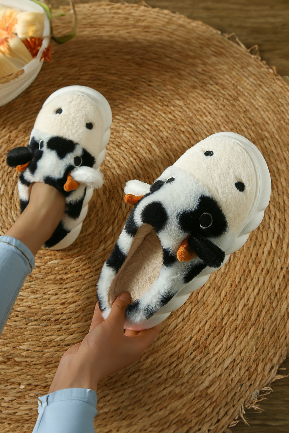 White Cute Cow Thick Sole Plush Thermal Home Slippers Slippers JT's Designer Fashion