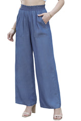 Sky Blue Side Pockets Frilled Smocked High Waist Wide Leg Jeans Bottoms JT's Designer Fashion