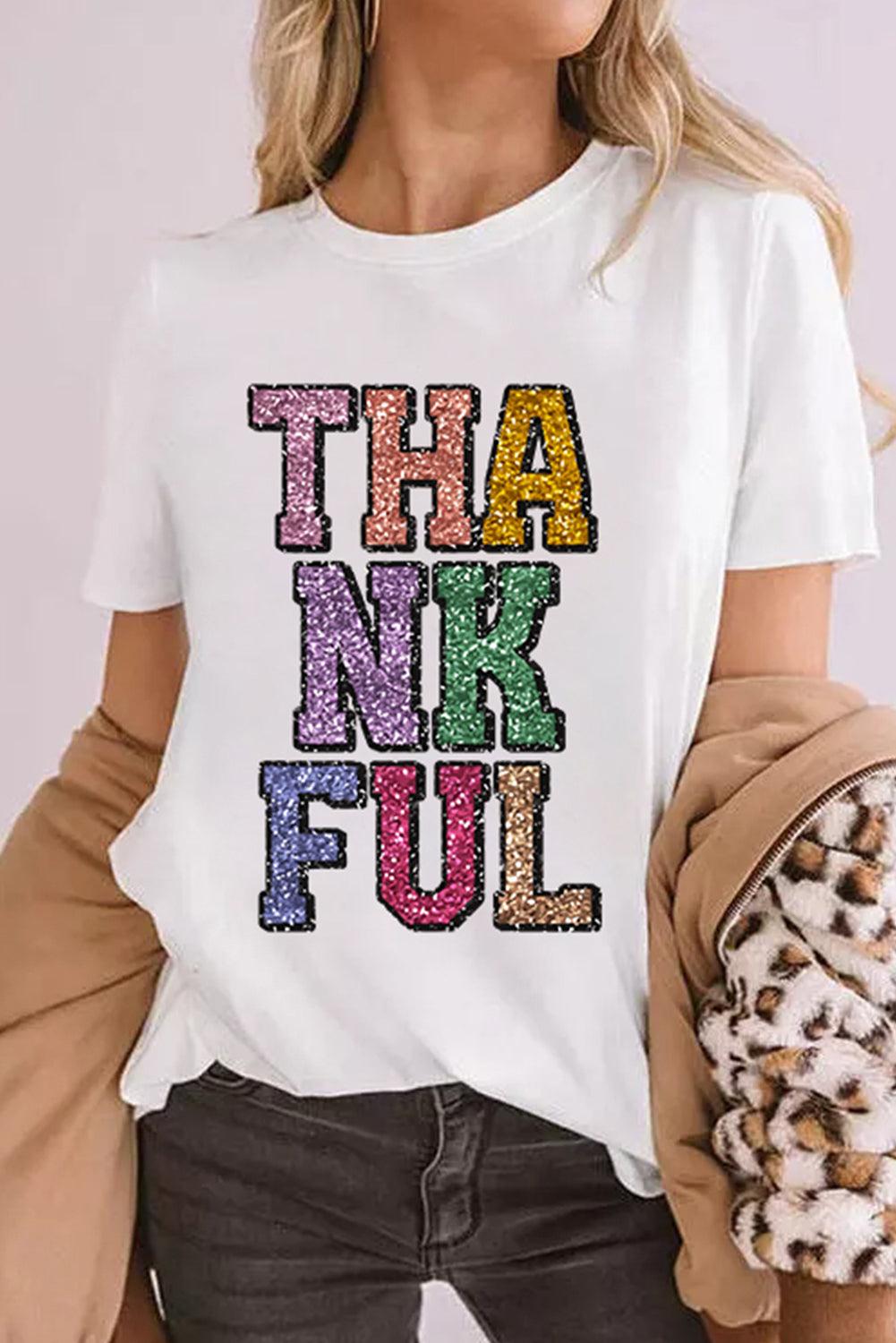 White Heat-transfer Printed THANKFUL Letter Graphic T Shirt Graphic Tees JT's Designer Fashion