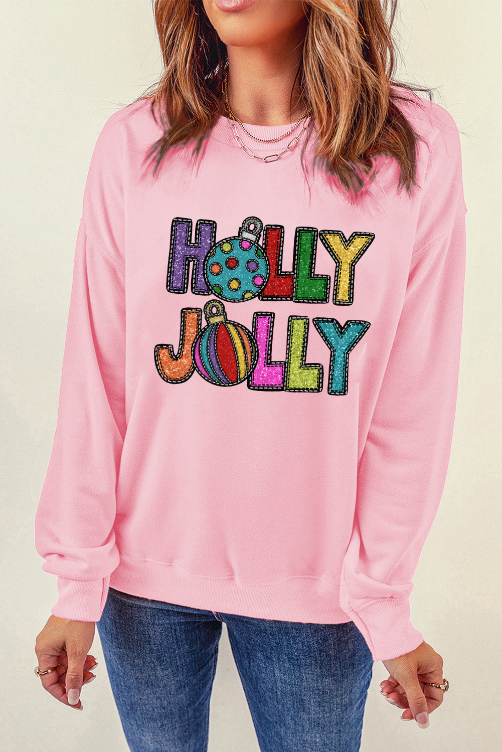 Pink HOLLY JOLLY Christmas Festive Letter Graphic Sweatshirt Graphic Sweatshirts JT's Designer Fashion