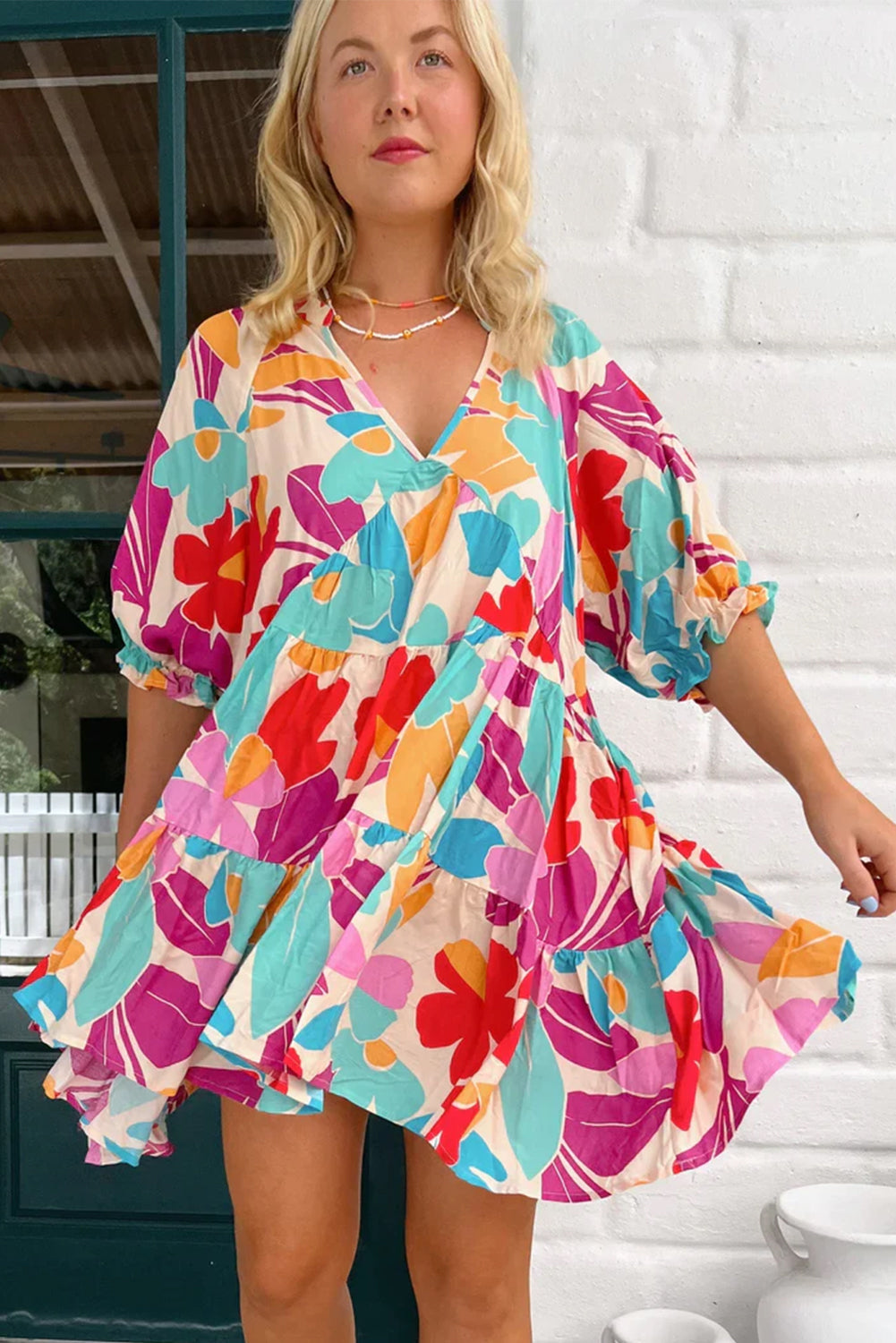 Multicolour Floral Tiered V Neck Plus Dress Plus Size JT's Designer Fashion