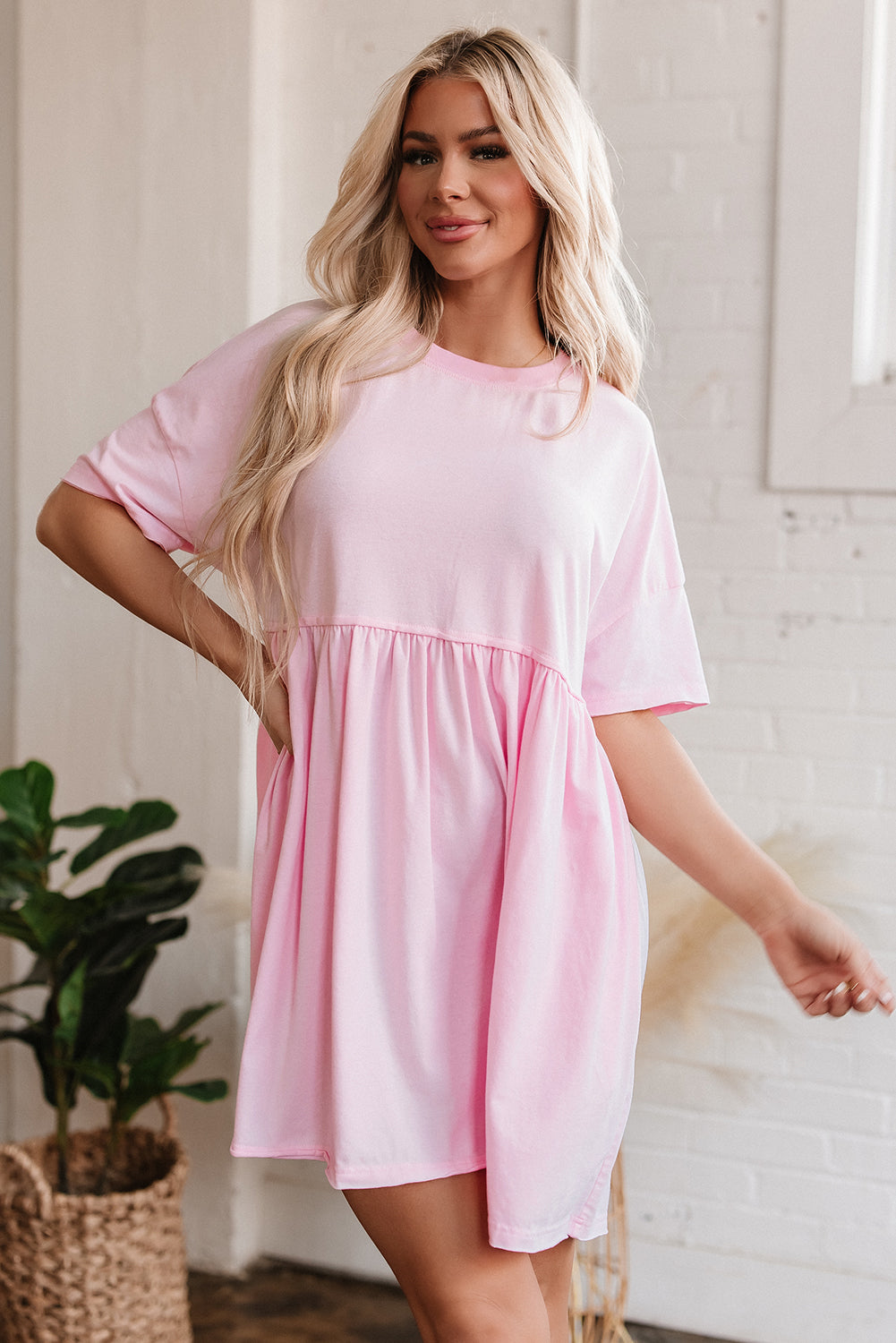 Light Pink Solid Color Pocketed Raw Edge Babydoll Dress Mini Dresses JT's Designer Fashion