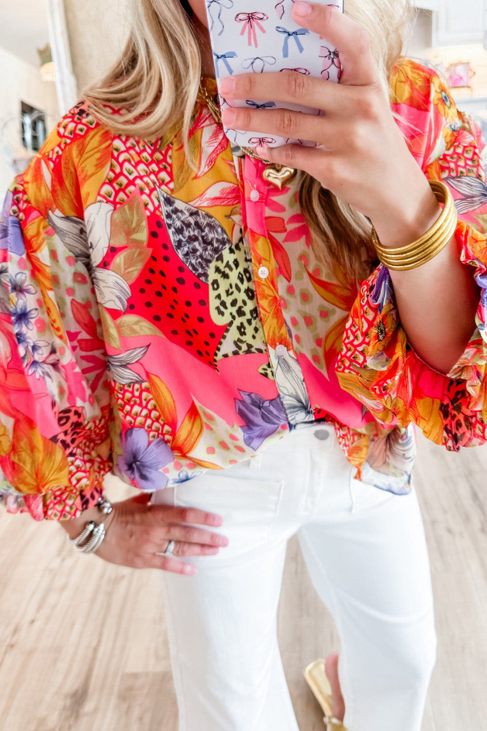 Red Abstract Floral Print Buttoned Ruffled Bubble Sleeve Shirt Blouses & Shirts JT's Designer Fashion