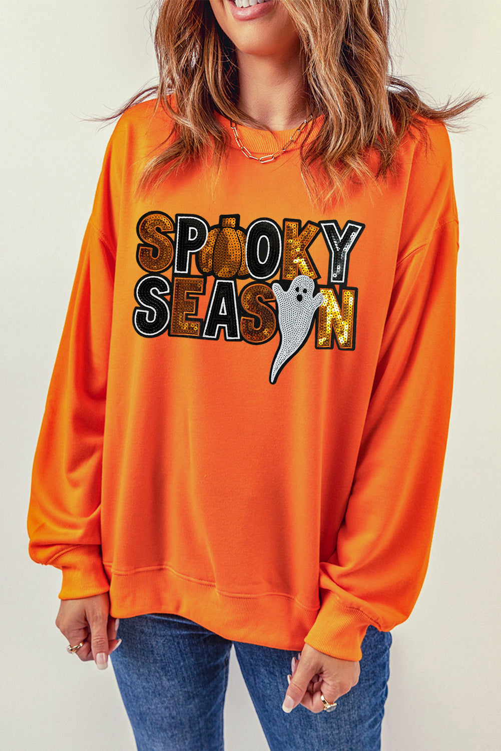 Russet Orange Sequin SPOOKY SEASON Ghost Pattern Halloween Pullover Sweatshirt Graphic Sweatshirts JT's Designer Fashion