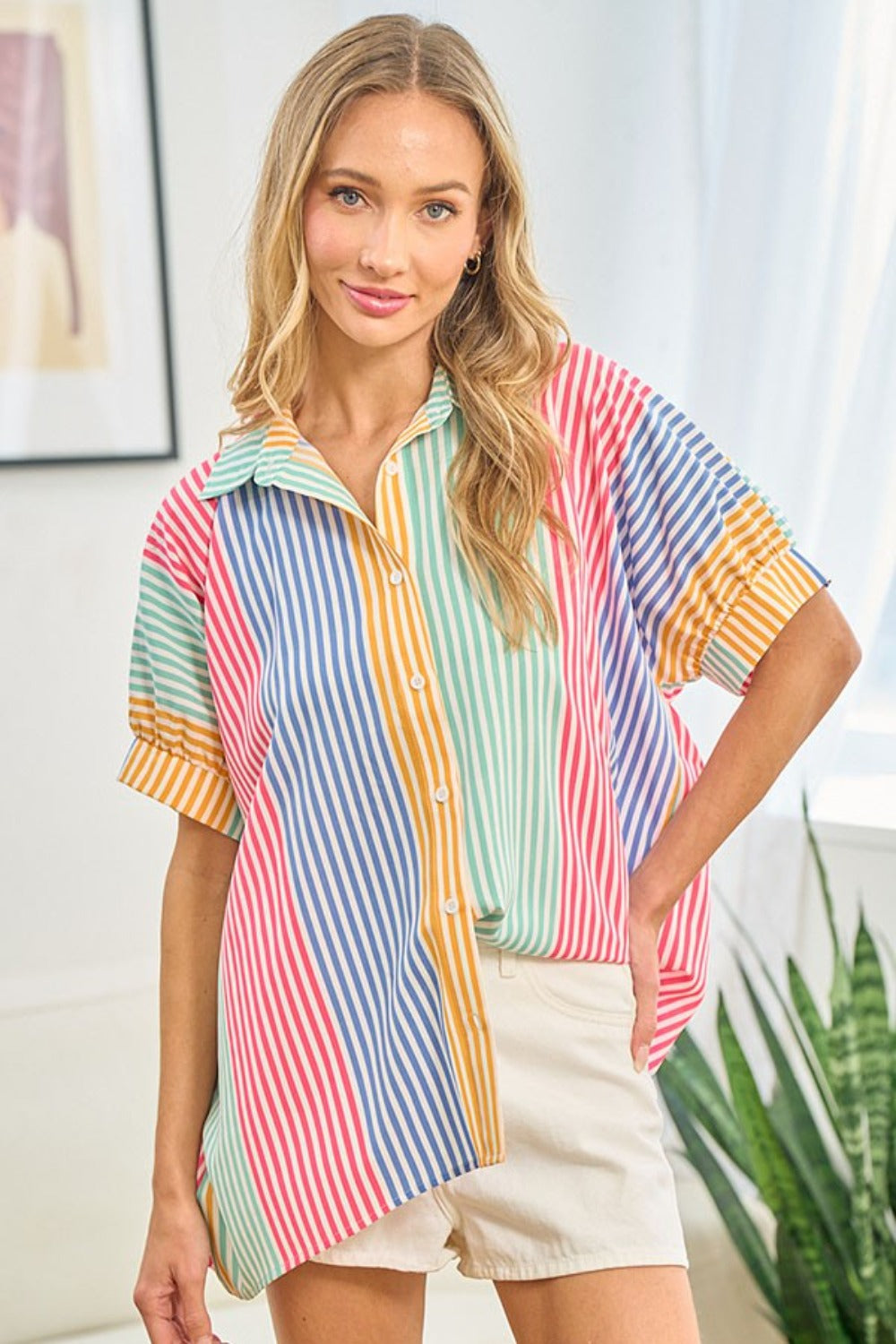 First Love Full Size Striped Button Down Short Sleeve Shirt Multi Blouses & Shirts JT's Designer Fashion