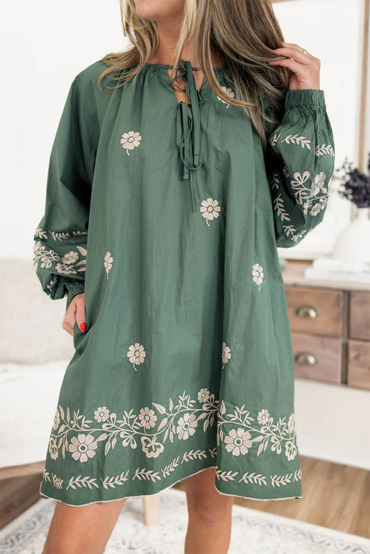 Mist Green Tie Neck Boho Floral Pattern Puff Sleeve Shift Dress Mini Dresses JT's Designer Fashion