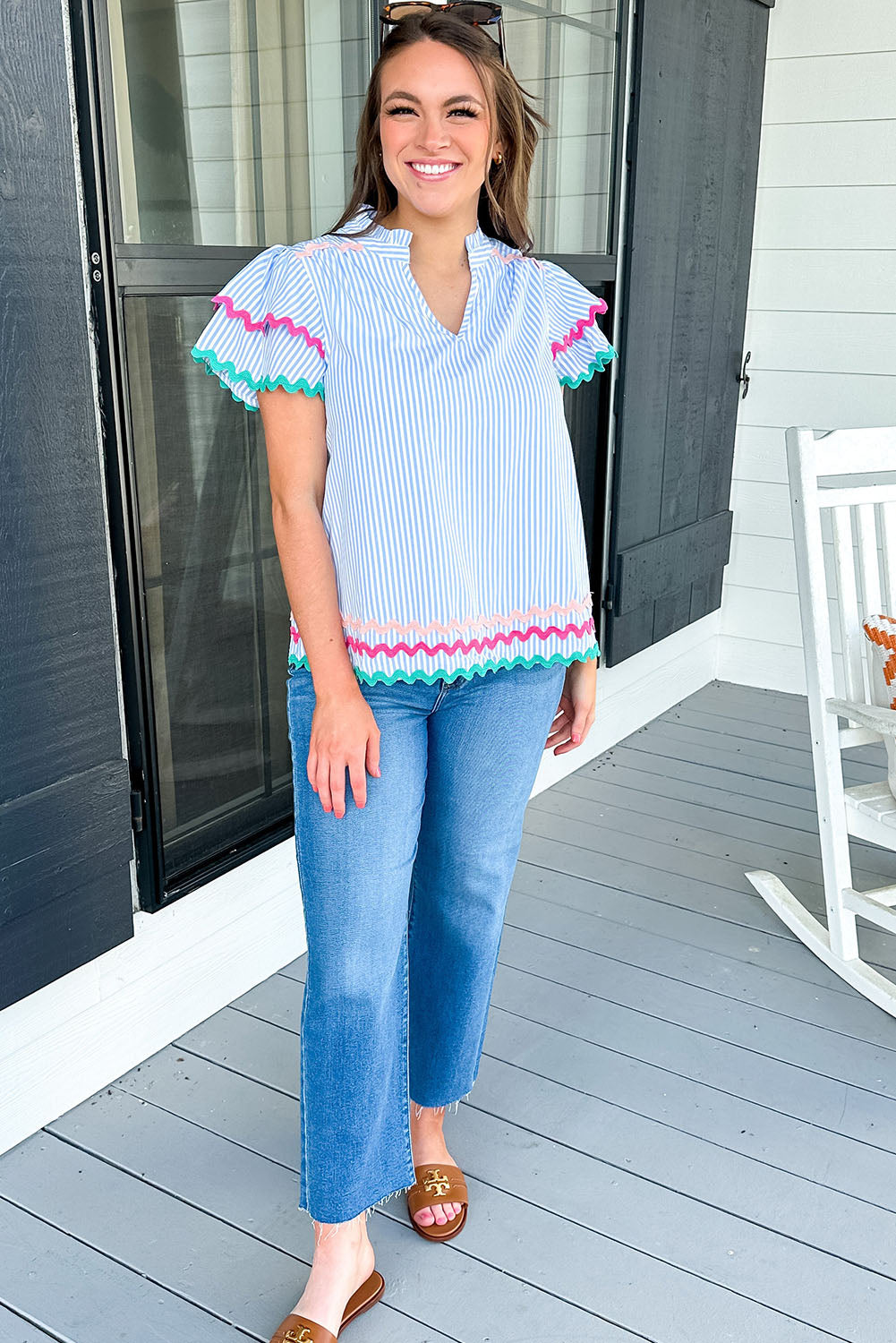 Sky Blue Stripe Ricrac Trim Tiered Sleeve Notch V Neck Top Tops & Tees JT's Designer Fashion