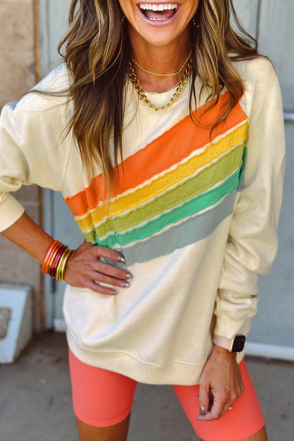 Apricot Rainbow Colorblock Striped Pullover Sweatshirt Sweatshirts & Hoodies JT's Designer Fashion