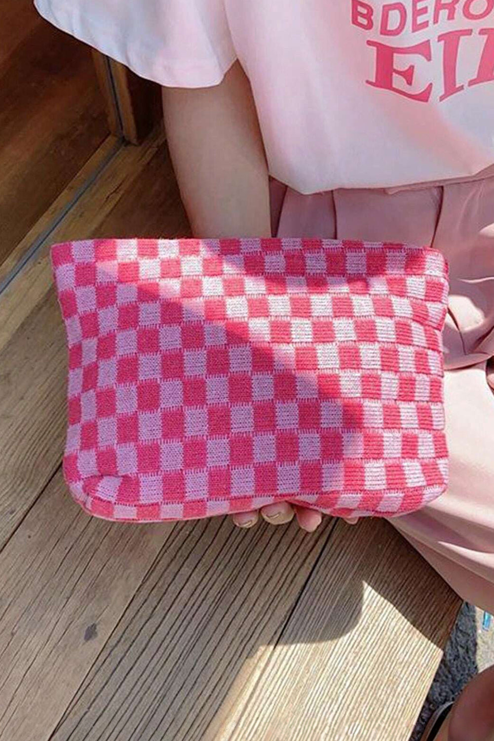 Bright Pink Checkered Print Cosmetic Bag Makeup Bags JT's Designer Fashion