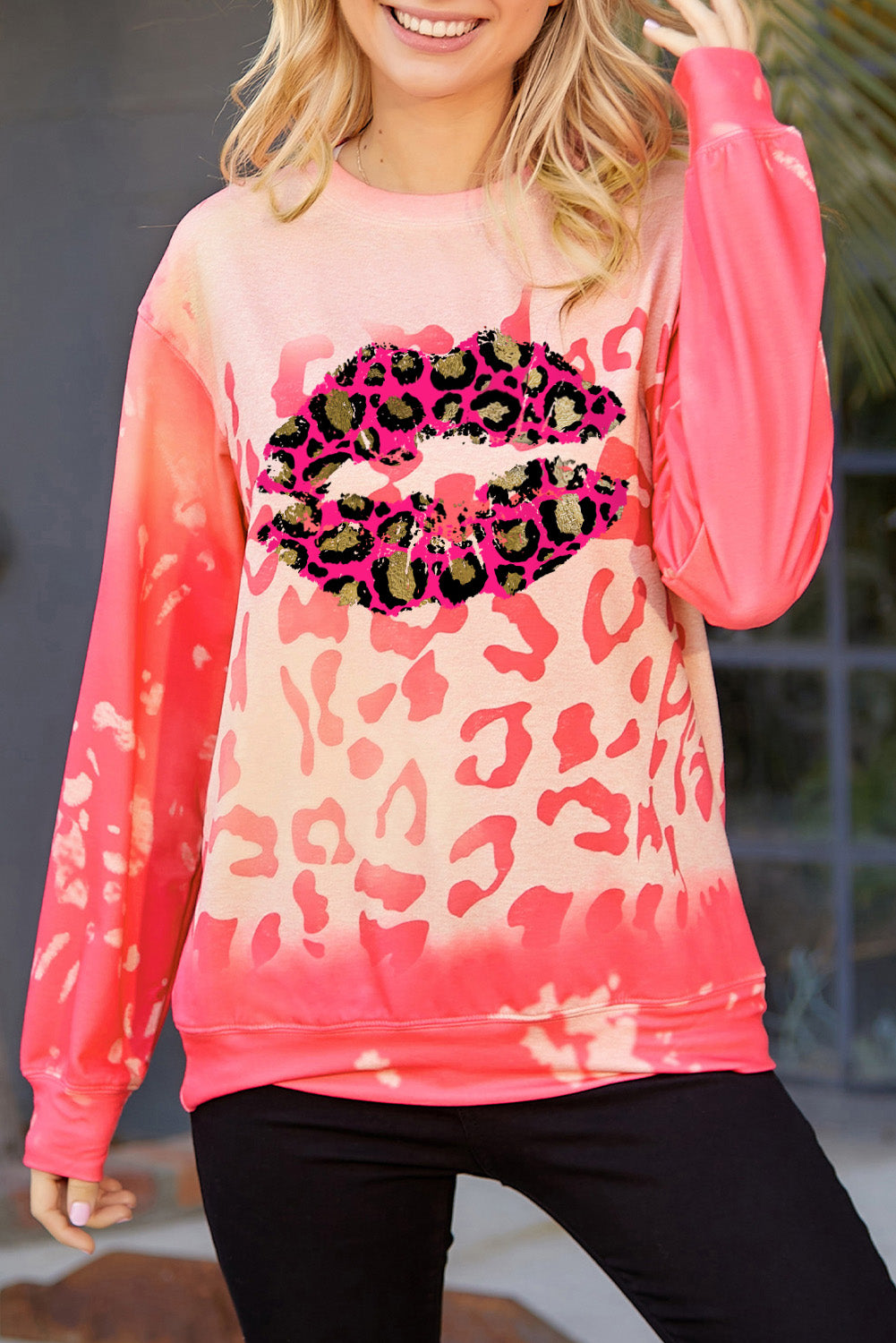 Pink Shining Leopard Lips Print Vintage Bleached Sweatshirt Graphic Sweatshirts JT's Designer Fashion