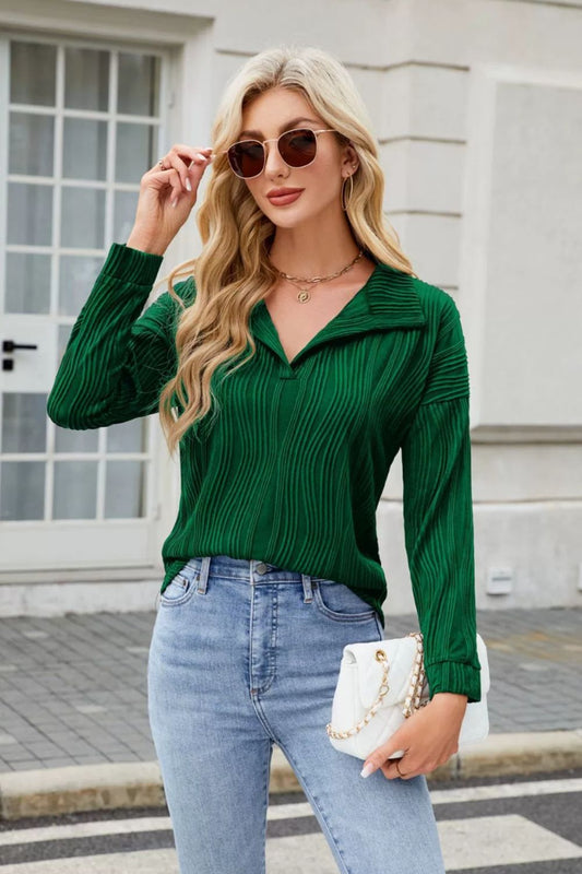 Texture Collared Neck Long Sleeve Blouse Dark Green Long Sleeve Tops JT's Designer Fashion