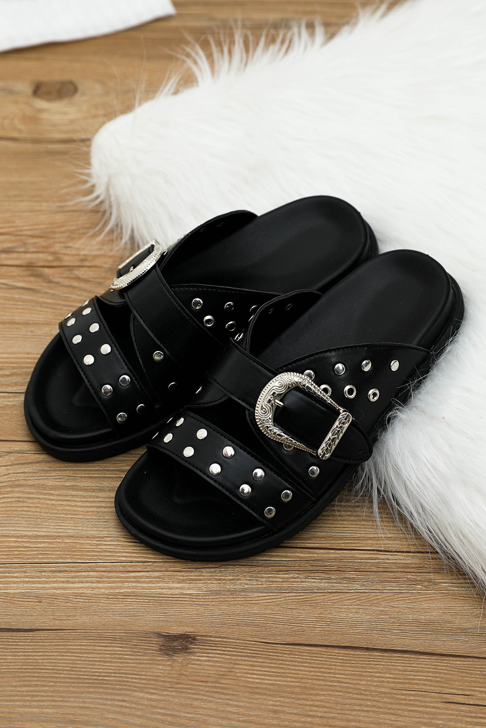 Black Retro Buckle Rivet Detail Leather Hollowed Slippers Slippers JT's Designer Fashion