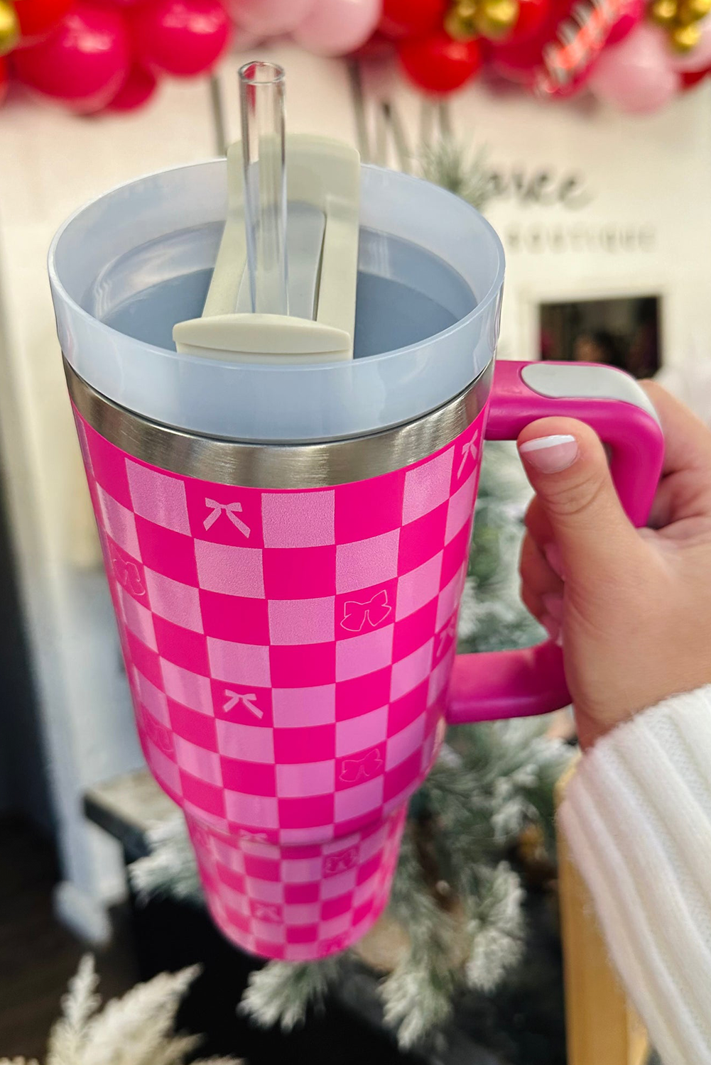 Bright Pink Bow Knot Checkered Print Large Stainless Steel Tumbler Tumblers JT's Designer Fashion