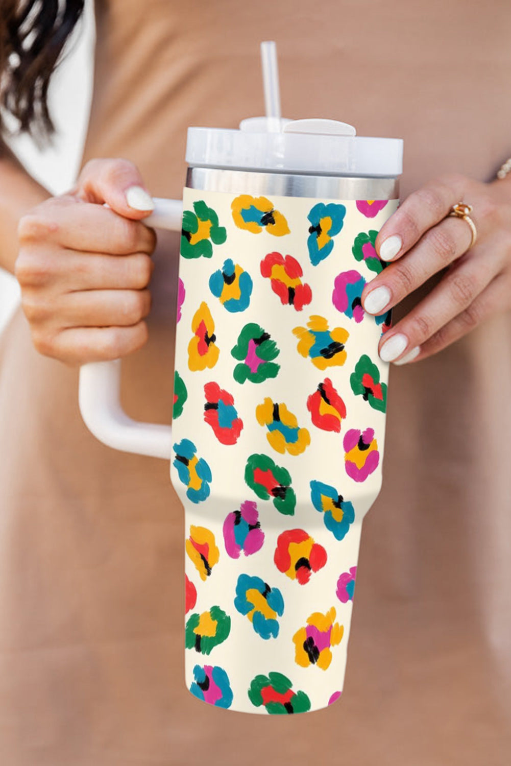 White Multi Color Leopard Print Handle Stainless Tumbler 40oz Tumblers JT's Designer Fashion