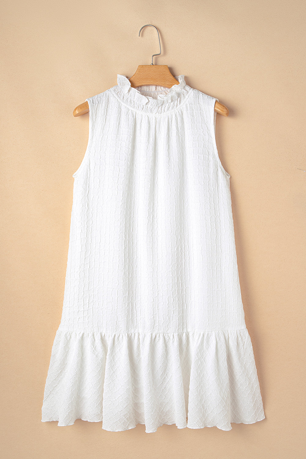 White Textured Frilled High Neck Sleeveless Ruffled Mini Dress Mini Dresses JT's Designer Fashion