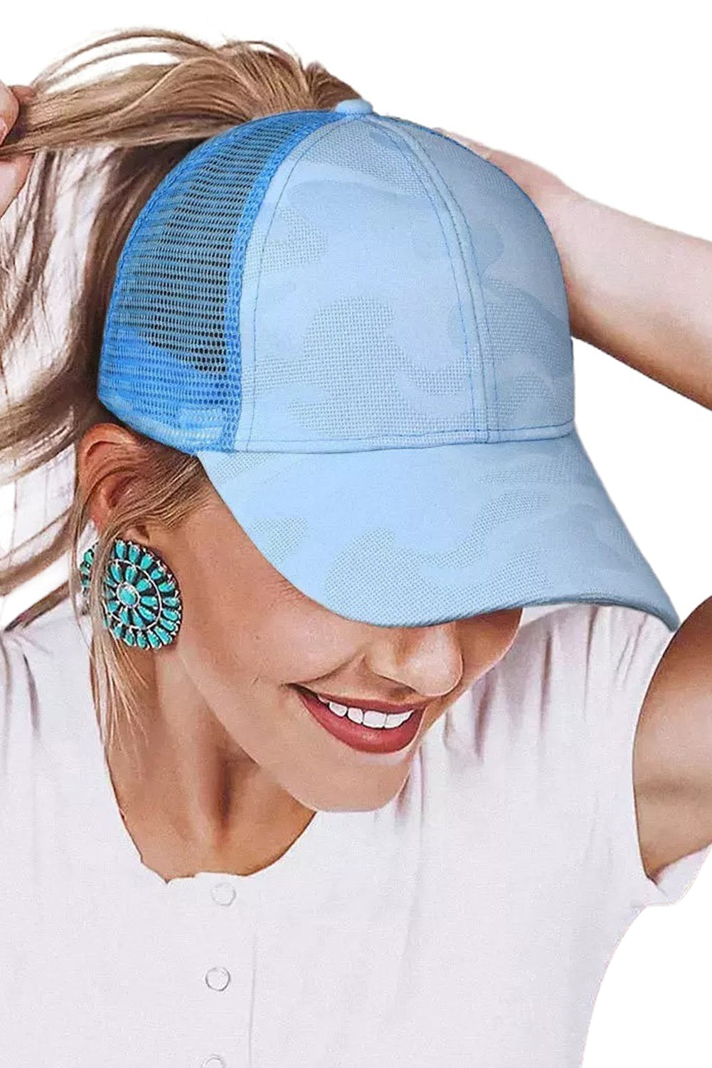 Sky Blue Camouflage Shimmer Mesh Ponytail Baseball Cap Hats & Caps JT's Designer Fashion