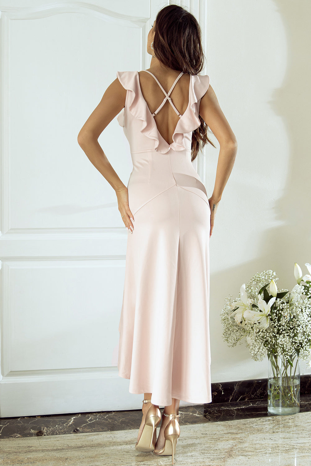 Apricot Pink Crossed Backless Mermaid Trim Wedding Party Dress Dresses JT's Designer Fashion