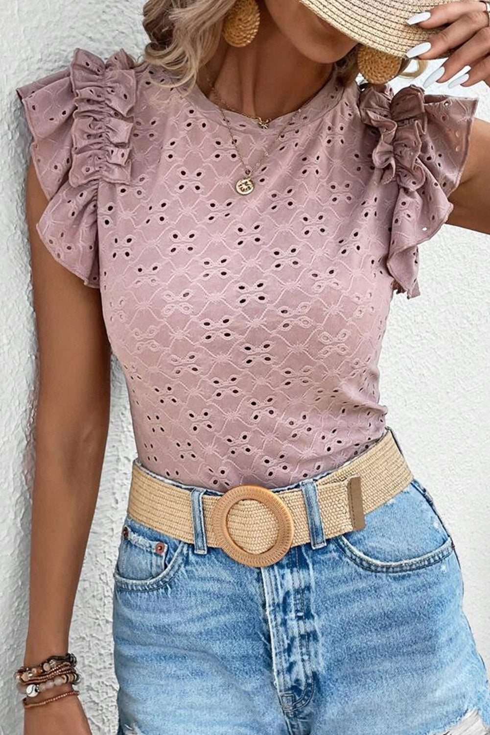 Pink Ruffle Trim Sleeve Eyelet Embroidery Top Tops & Tees JT's Designer Fashion