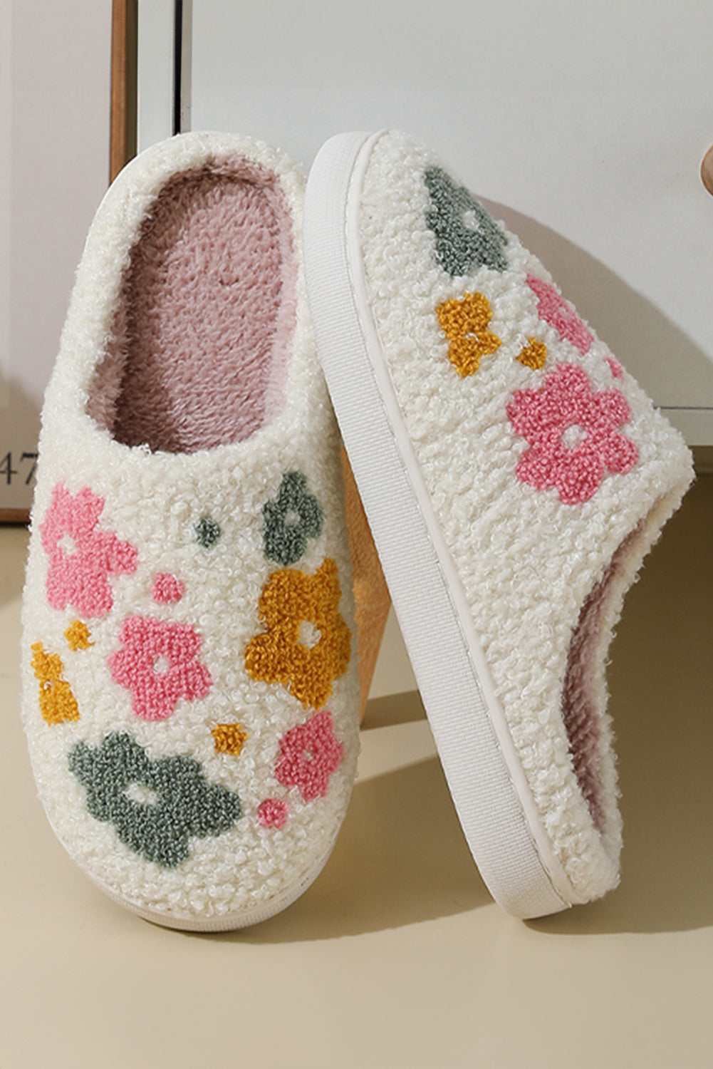 White Flower Pattern Slip On Plush Home Slippers Slippers JT's Designer Fashion