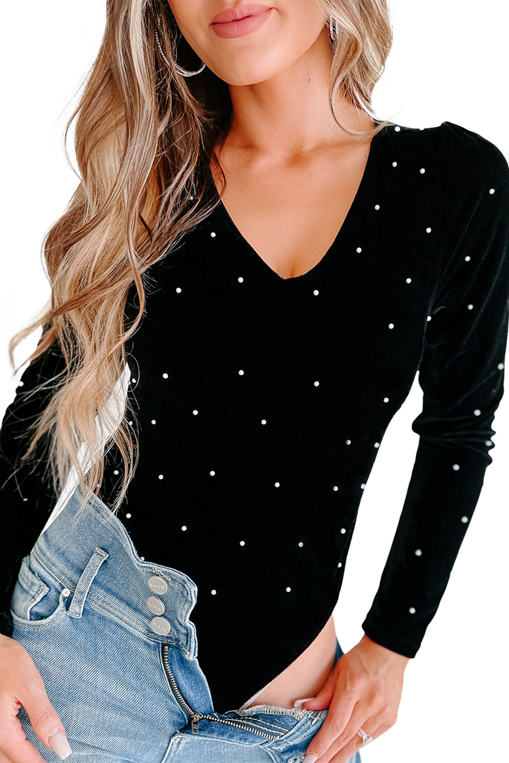 Black Velvet Beaded Long Sleeve V Neck Bodysuit Bodysuits JT's Designer Fashion