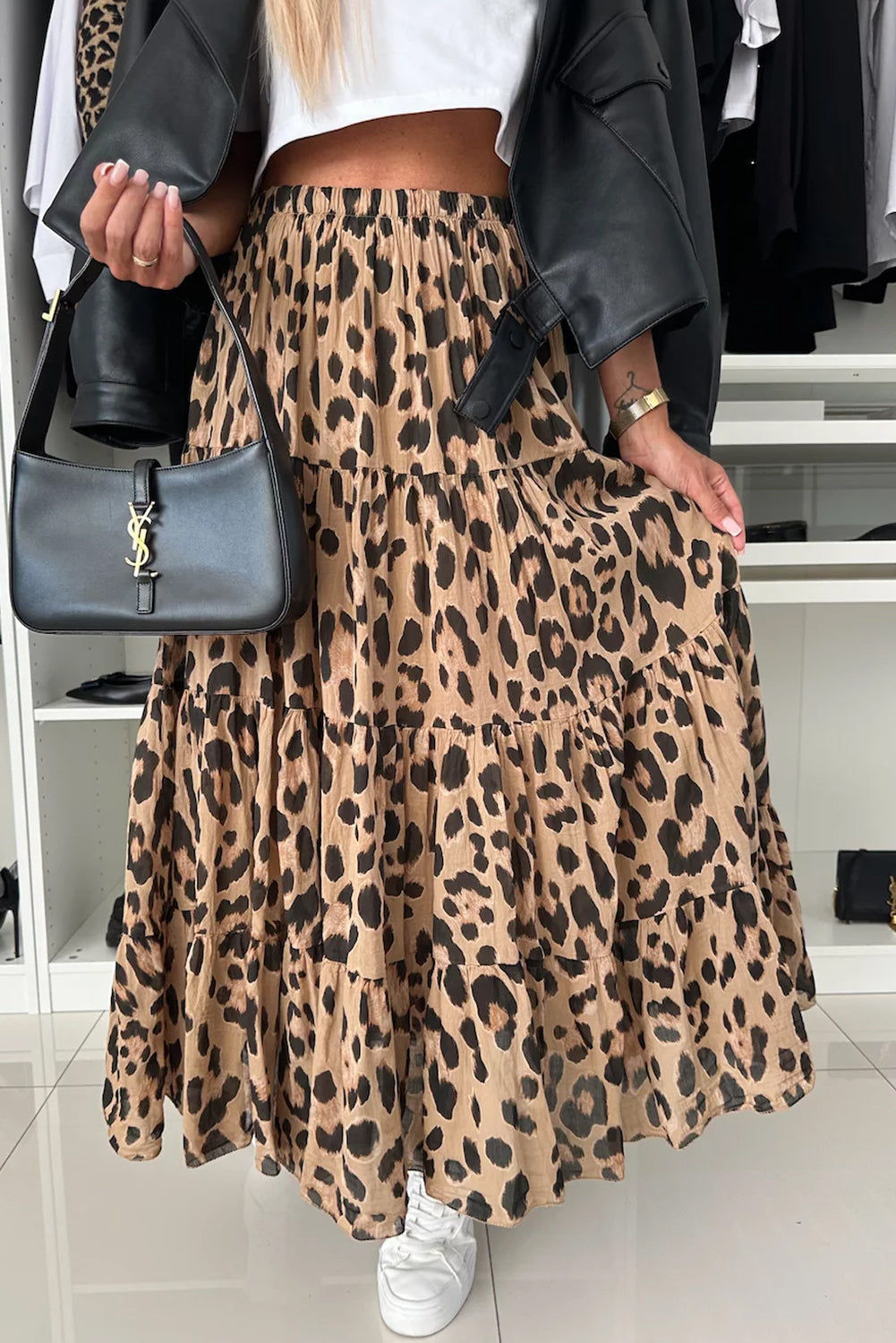 Light French Beige Leopard Print Elastic High Waist Tiered Maxi Skirt Bottoms JT's Designer Fashion