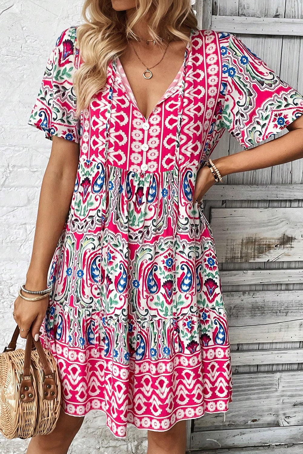 Pink Bohemian Print Tie Neck Ruffle Hem Short Dress Mini Dresses JT's Designer Fashion