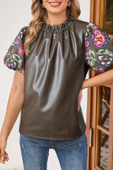 Four Leaf Clover Floral Bubble Sleeve Patchwork Leatherette Frilled Round Neck Blouse Blouses & Shirts JT's Designer Fashion