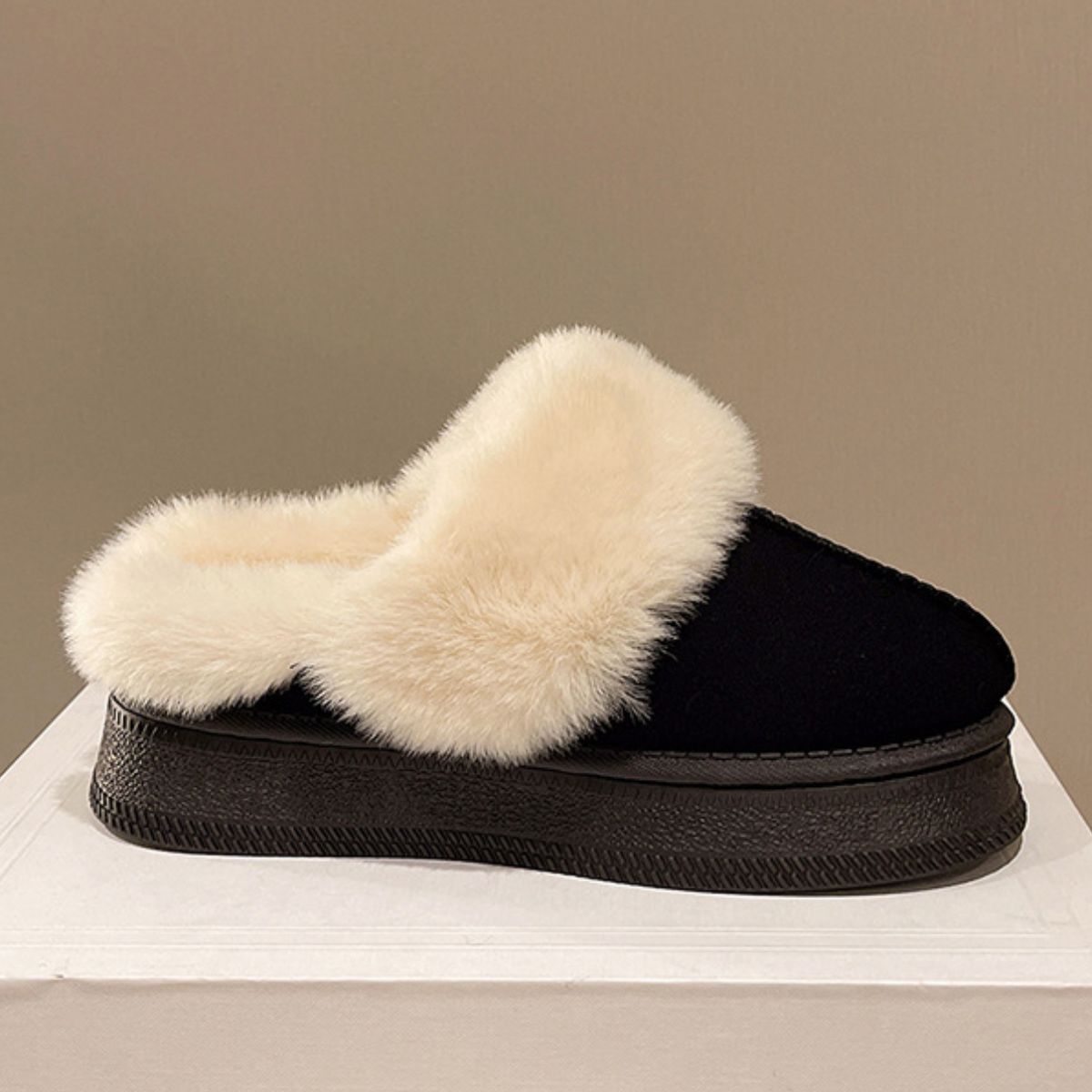 Suede Faux Fur Round Toe Platform Slippers Black Slippers JT's Designer Fashion