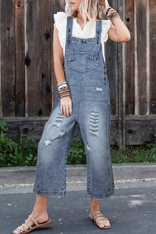 Stone Blue Distressed Bib Pocket Wide Leg Denim Overall Jumpsuits & Rompers JT's Designer Fashion