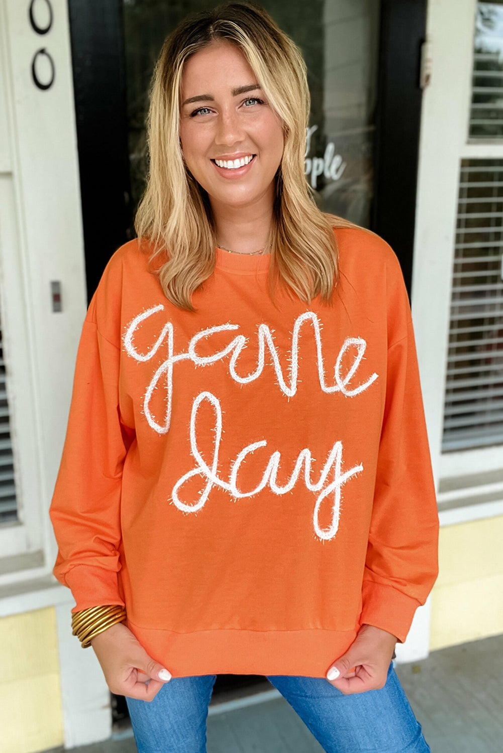 Russet Orange Tinsel Game Day Drop Shoulder Graphic Sweatshirt Sweatshirts & Hoodies JT's Designer Fashion