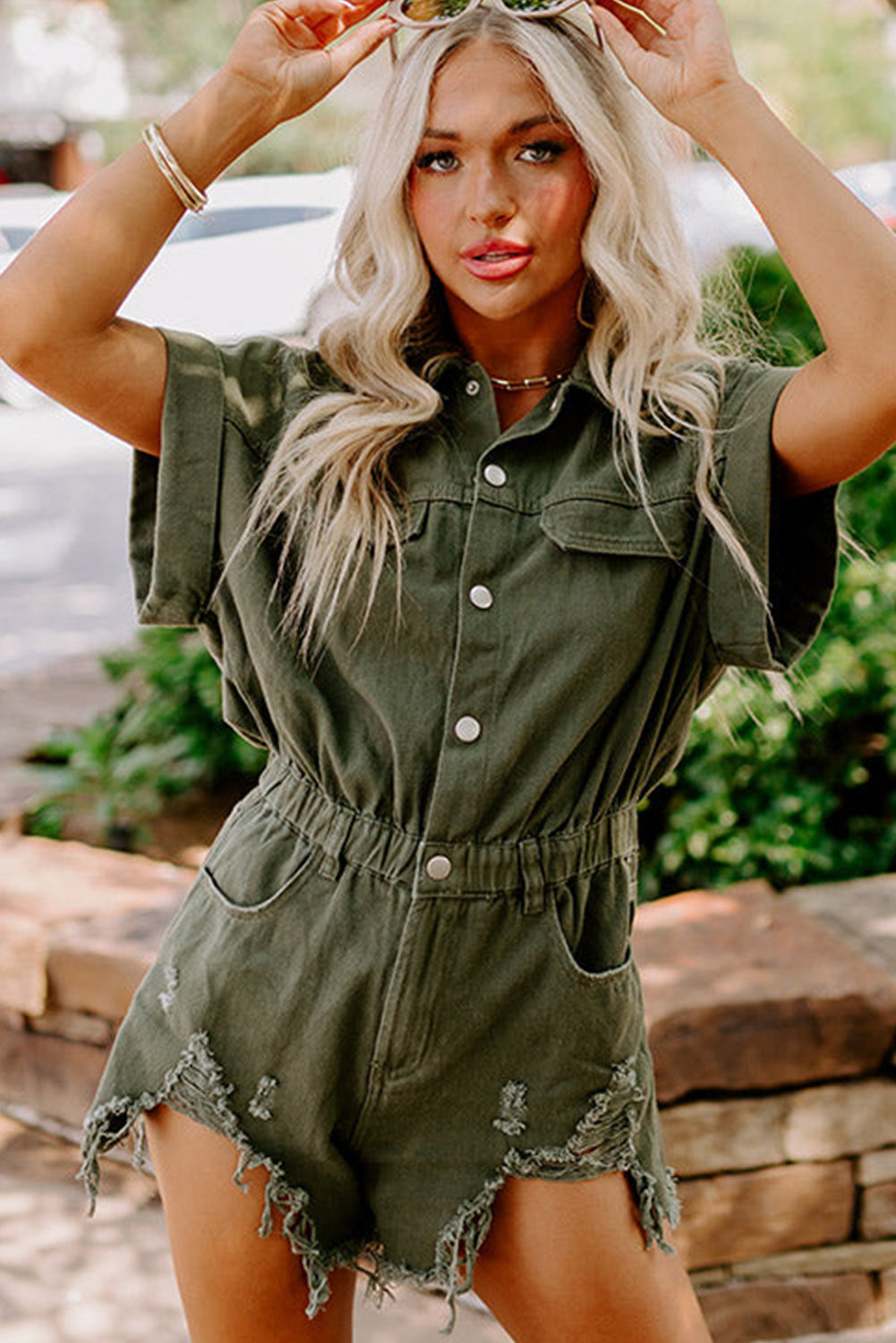 Moss Green Short Sleeve Buttoned Elastic Waist Frayed Denim Romper Pre Order Bottoms JT's Designer Fashion