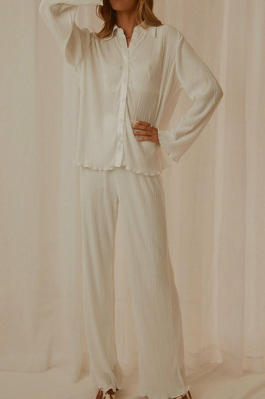 Collared Neck Long Sleeve Top and Pants Lounge Set Cream Sleepwear JT's Designer Fashion