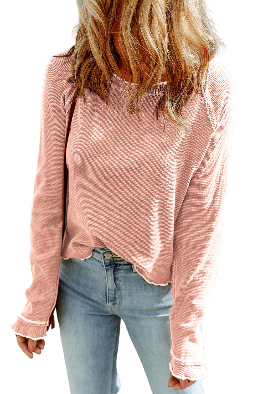 Apricot Pink Textured Round Neck Long Sleeve Top Long Sleeve Tops JT's Designer Fashion